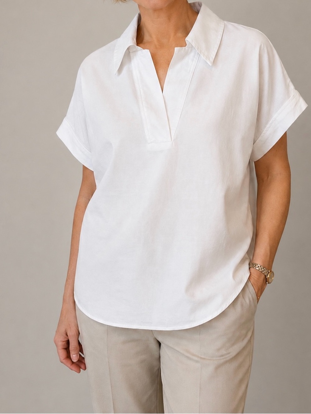 Banana Republic Factory White Linen-Blend Notch V Collared Top - Picture 1 of 6